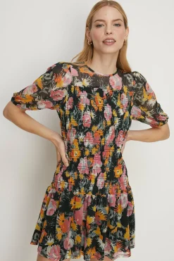 Online Oasis Floral Mesh Shirred Bodice Mini Dress Black