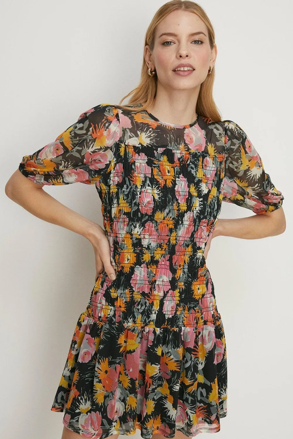 Online Oasis Floral Mesh Shirred Bodice Mini Dress Black