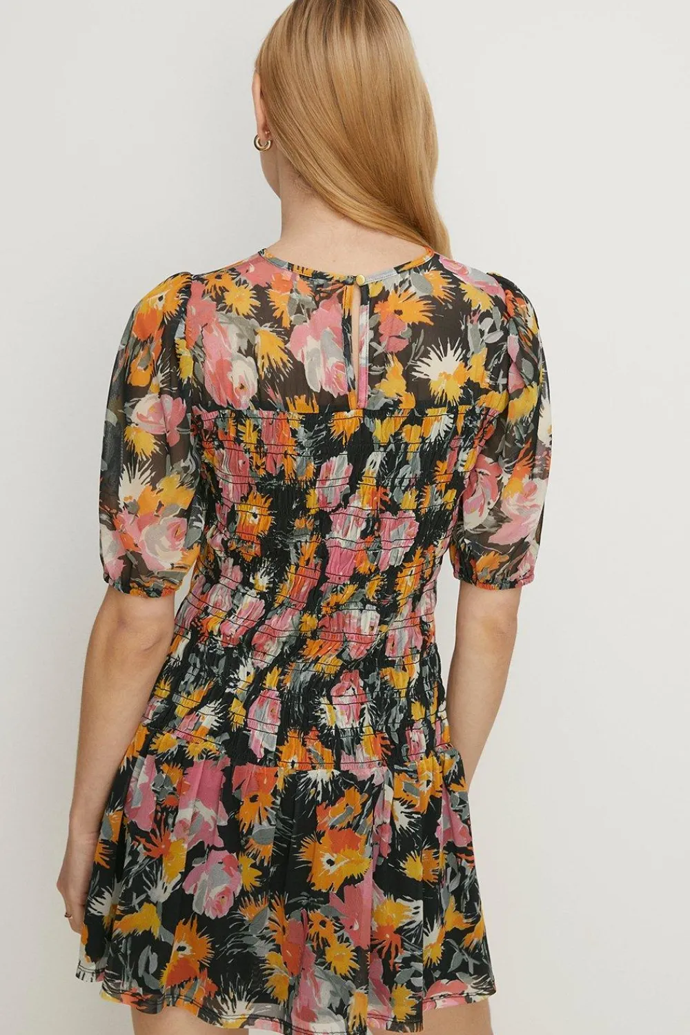 Online Oasis Floral Mesh Shirred Bodice Mini Dress Black