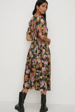 Clearance Oasis Floral Mesh Shirred Bodice Midi Dress Black