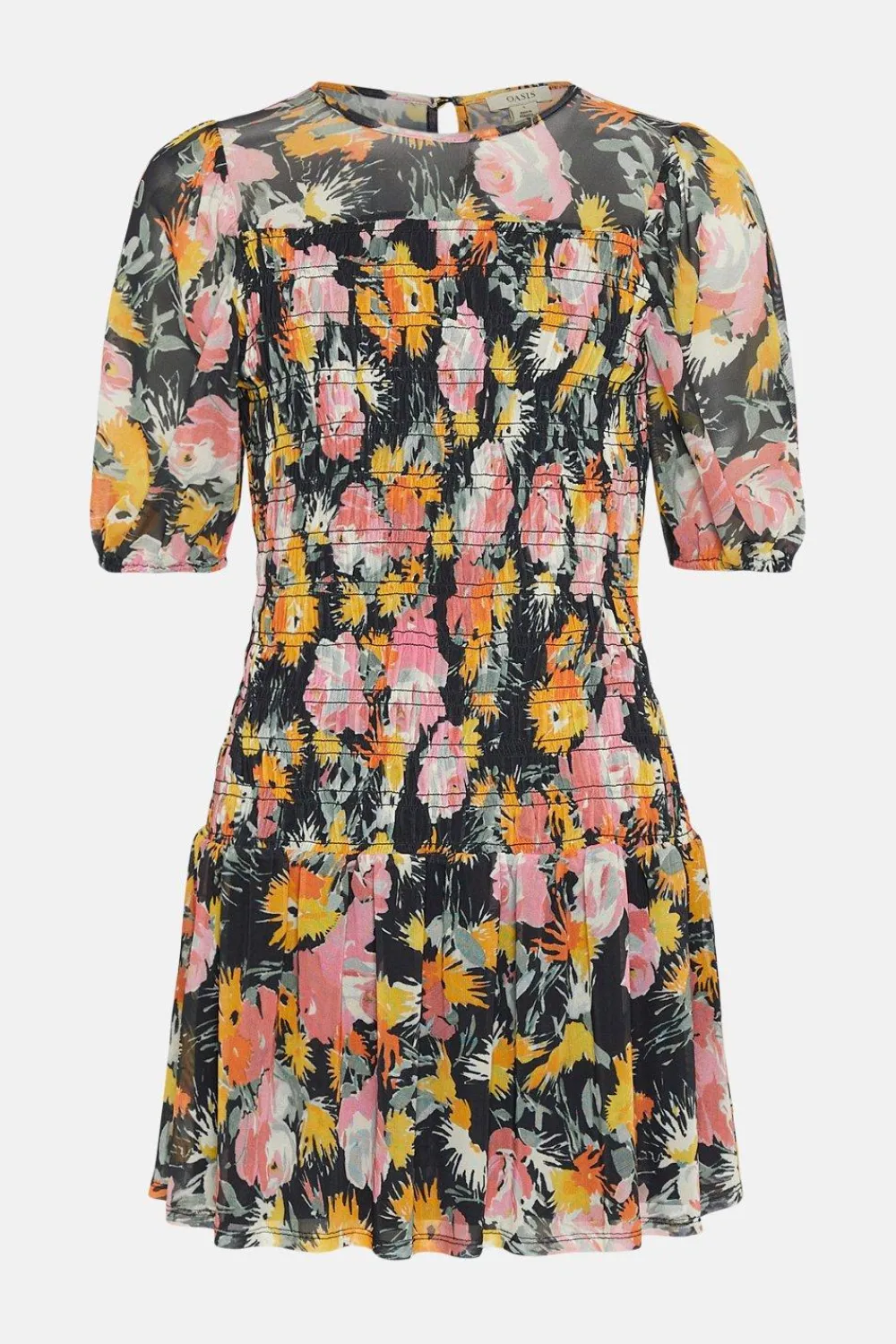 Online Oasis Floral Mesh Shirred Bodice Mini Dress Black