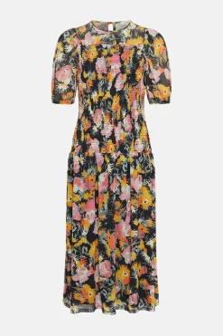 Clearance Oasis Floral Mesh Shirred Bodice Midi Dress Black