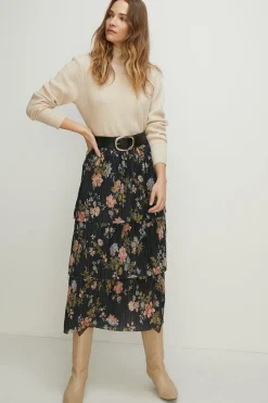 Sale Oasis Floral Metallic Plisse Tired Midi Skirt Multi