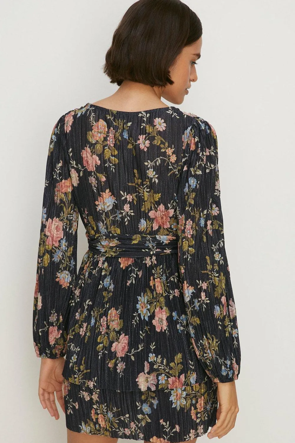 Fashion Oasis Floral Metallic Plisse Tiered Mini Dress Multi