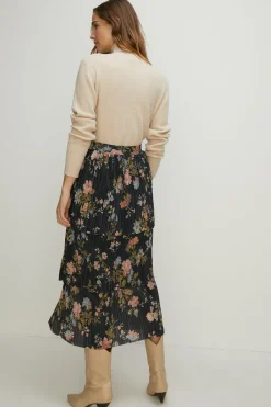 Sale Oasis Floral Metallic Plisse Tired Midi Skirt Multi
