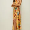 Discount Oasis Floral One Shoulder Cut Out Satin Dress Ochre