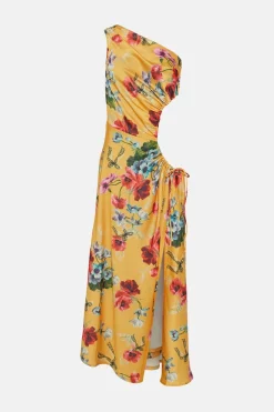 Discount Oasis Floral One Shoulder Cut Out Satin Dress Ochre