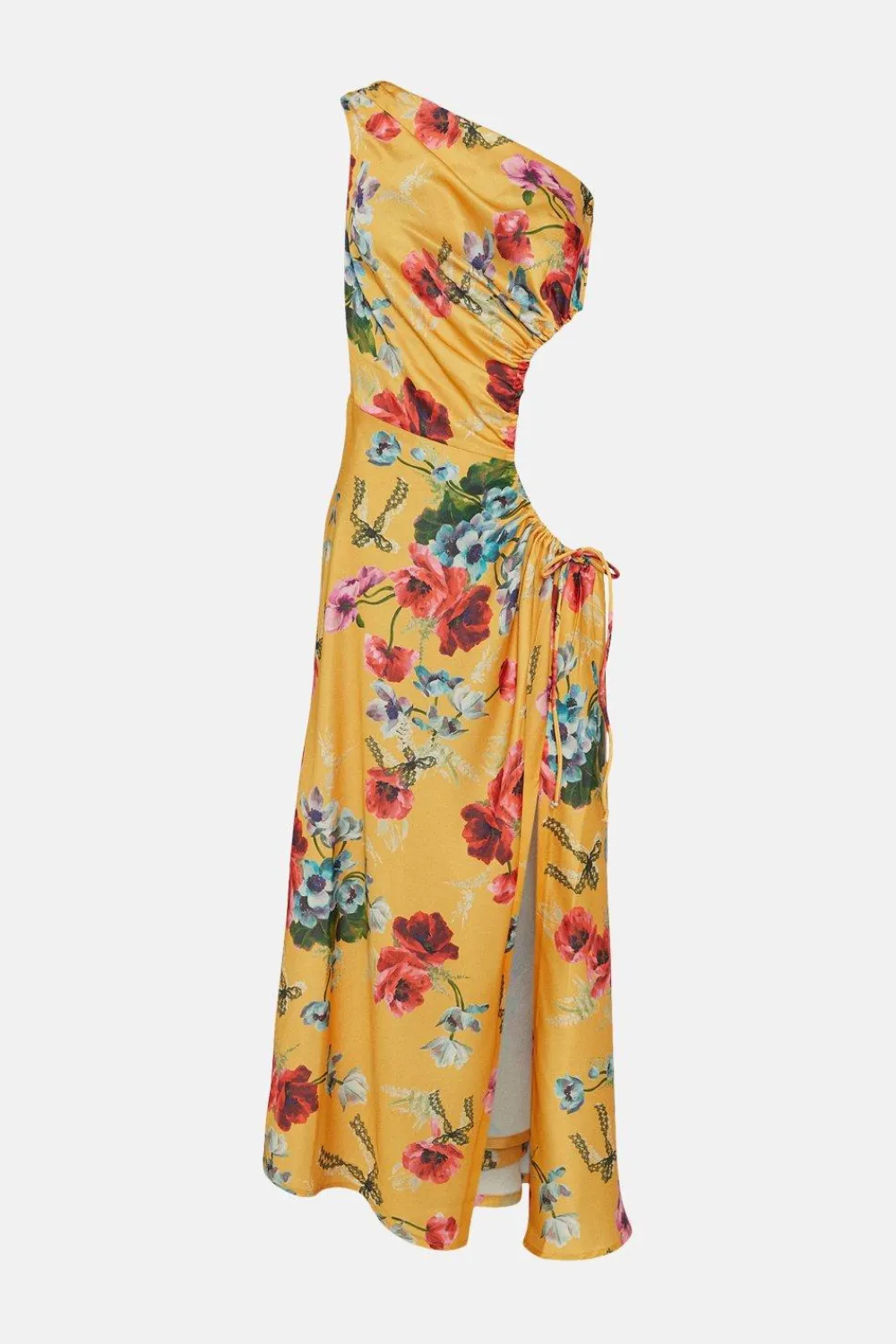 Discount Oasis Floral One Shoulder Cut Out Satin Dress Ochre