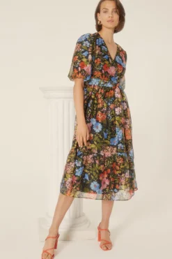 Clearance Oasis Floral Organza Wrap Midi Dress Black