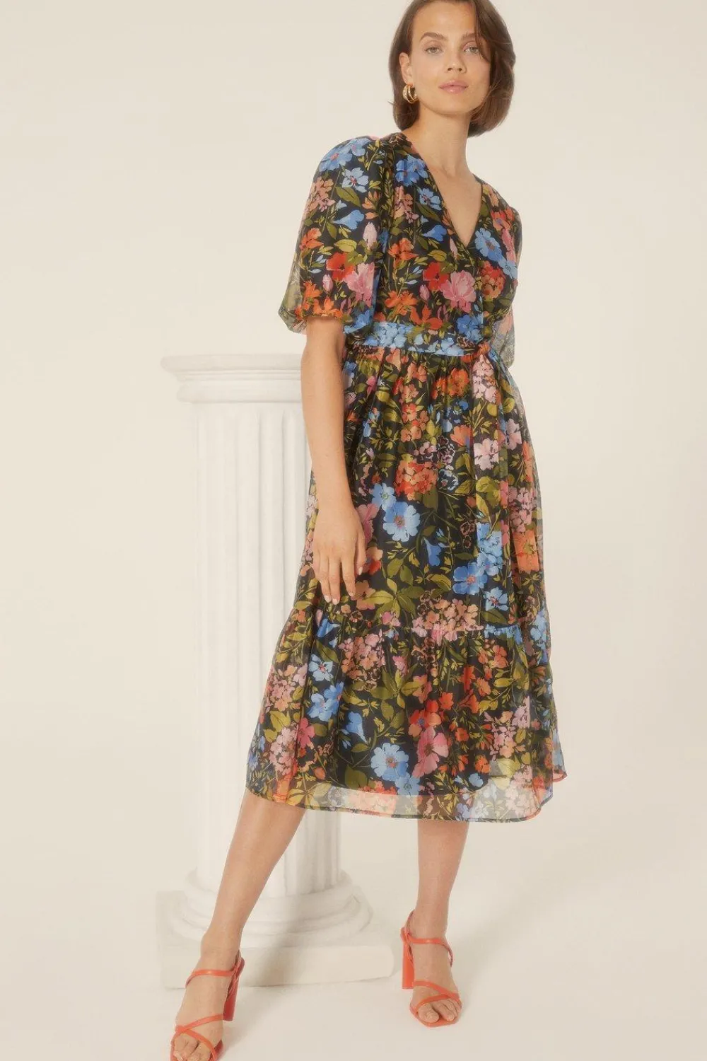 Clearance Oasis Floral Organza Wrap Midi Dress Black