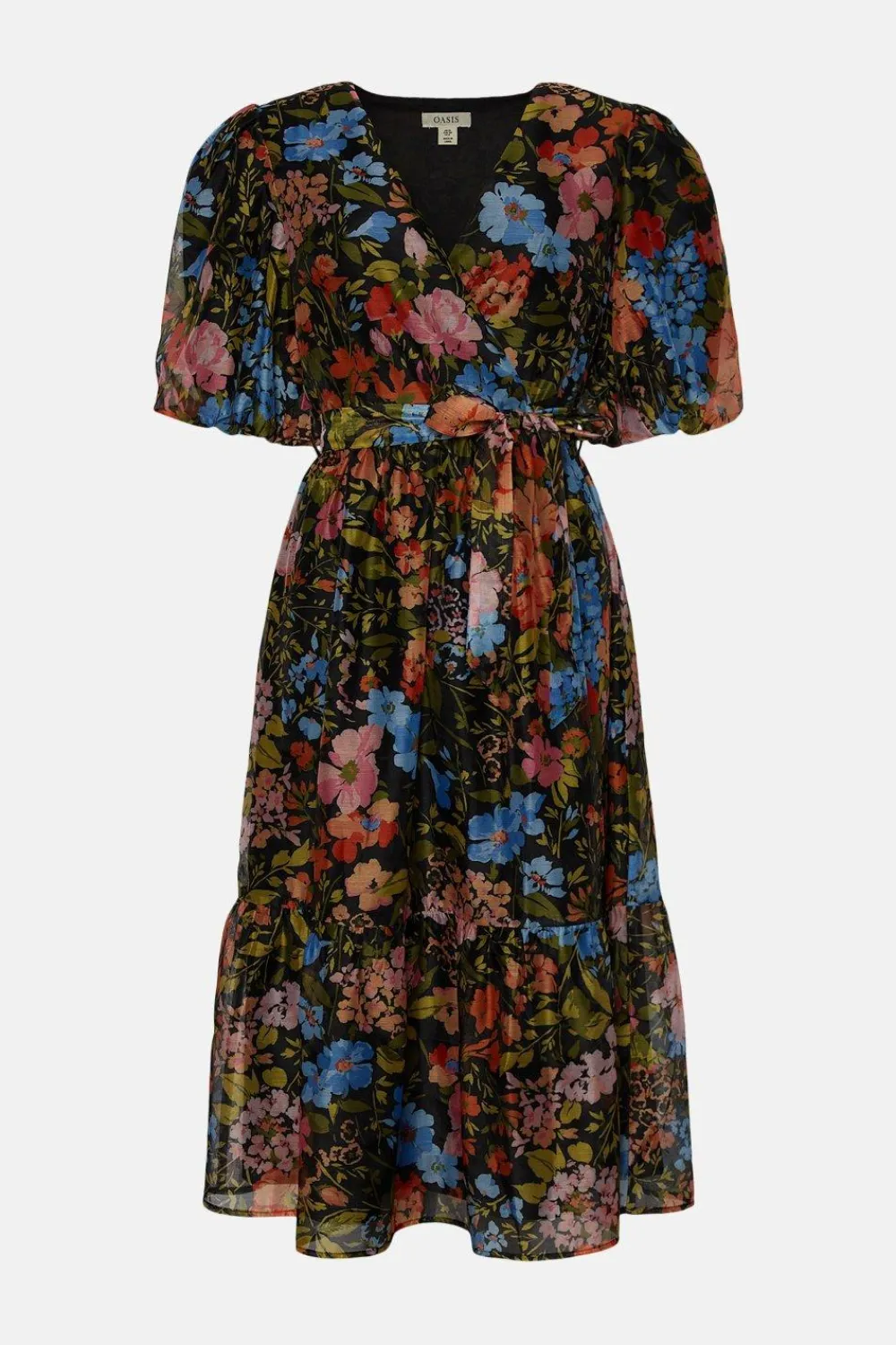 Clearance Oasis Floral Organza Wrap Midi Dress Black