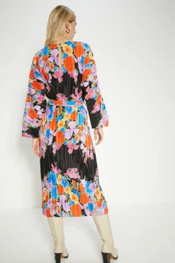 Clearance Oasis Floral Plisse Belted Midi Dress Multi