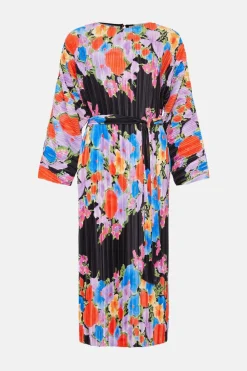 Clearance Oasis Floral Plisse Belted Midi Dress Multi