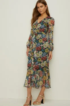 New Oasis Floral Plunge V Neck Midi Dress Multi