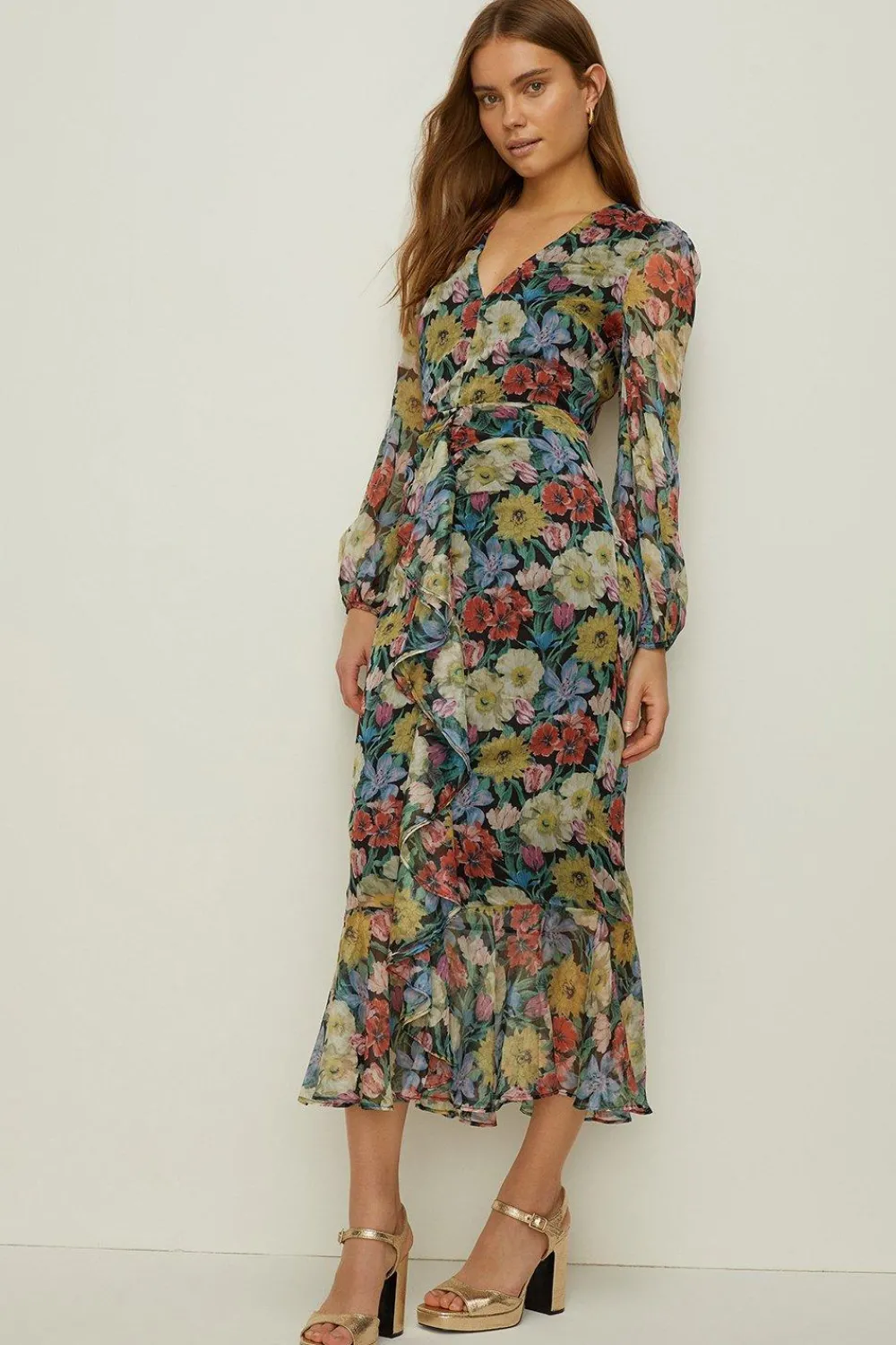 New Oasis Floral Plunge V Neck Midi Dress Multi