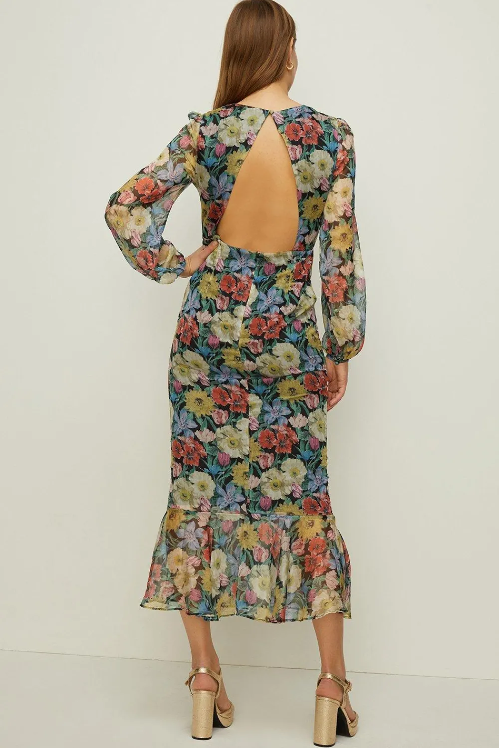 New Oasis Floral Plunge V Neck Midi Dress Multi