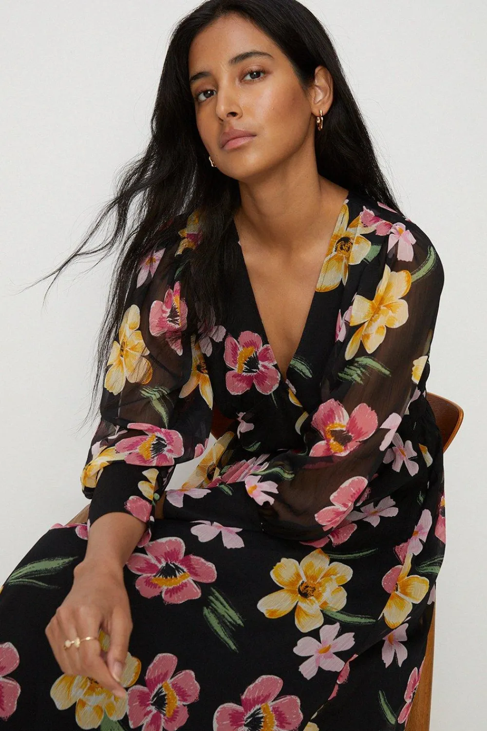 Best Oasis Floral Print Chiffon Midi Dress Black