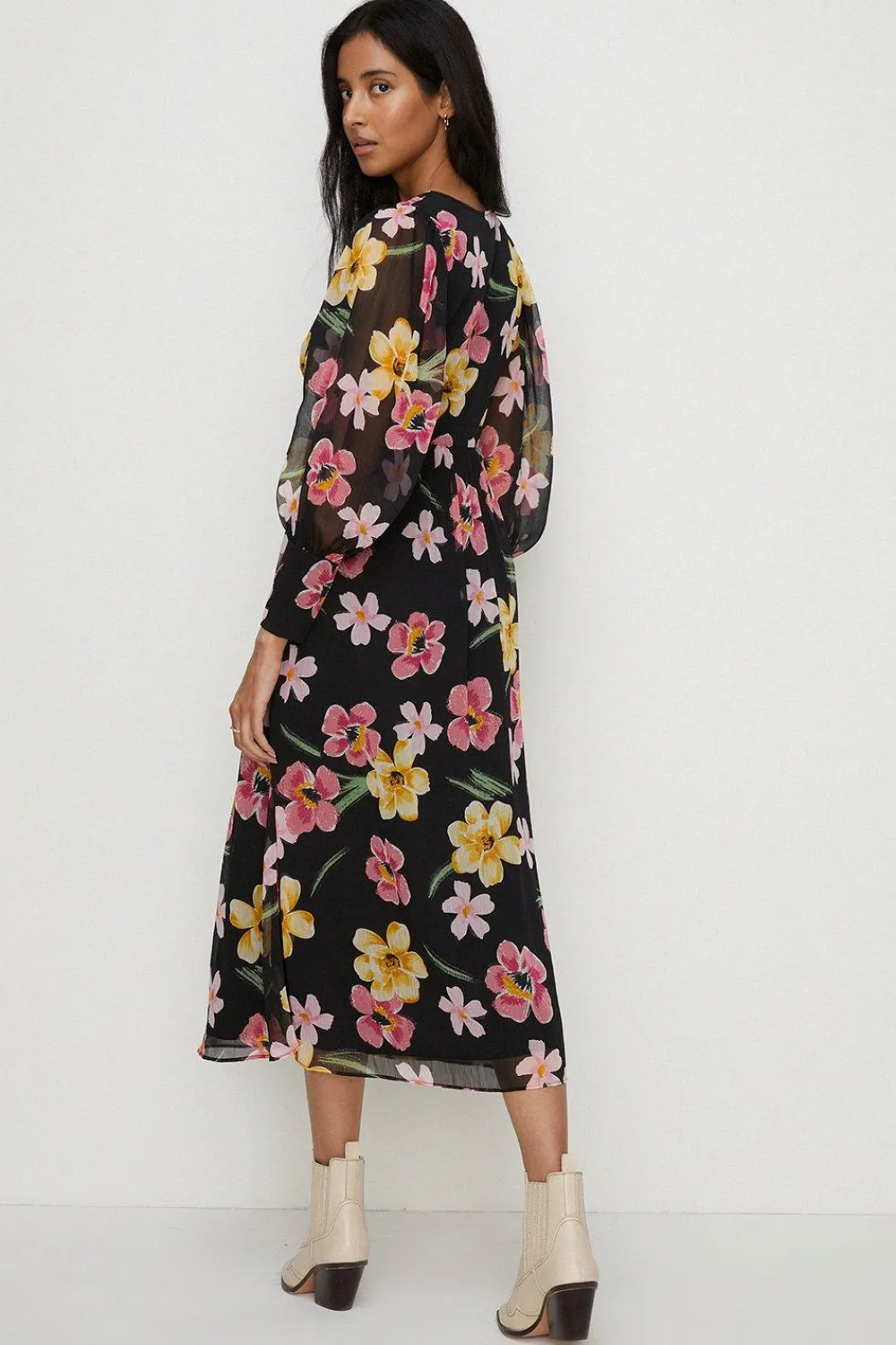 Best Oasis Floral Print Chiffon Midi Dress Black