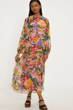 Outlet Oasis Floral Print Chiffon Tie Back Midi Dress Pink