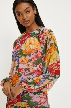 Outlet Oasis Floral Print Chiffon Tie Back Midi Dress Pink