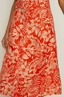 Sale Oasis Floral Print Linen Mix Button Detail Midi Skirt Multi