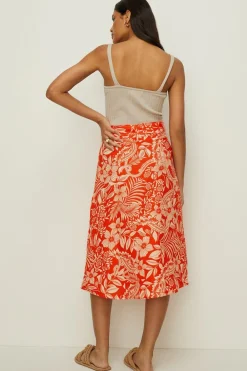 Sale Oasis Floral Print Linen Mix Button Detail Midi Skirt Multi