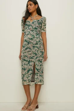 Online Oasis Floral Print Mesh Ruched Side Midi Skirt Green