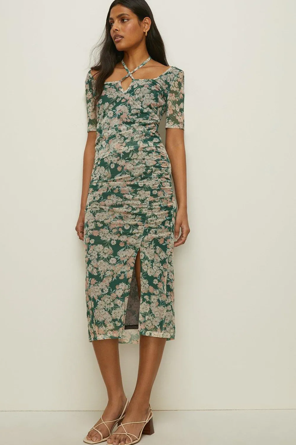 Online Oasis Floral Print Mesh Ruched Side Midi Skirt Green
