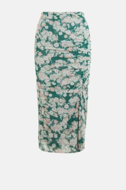 Online Oasis Floral Print Mesh Ruched Side Midi Skirt Green