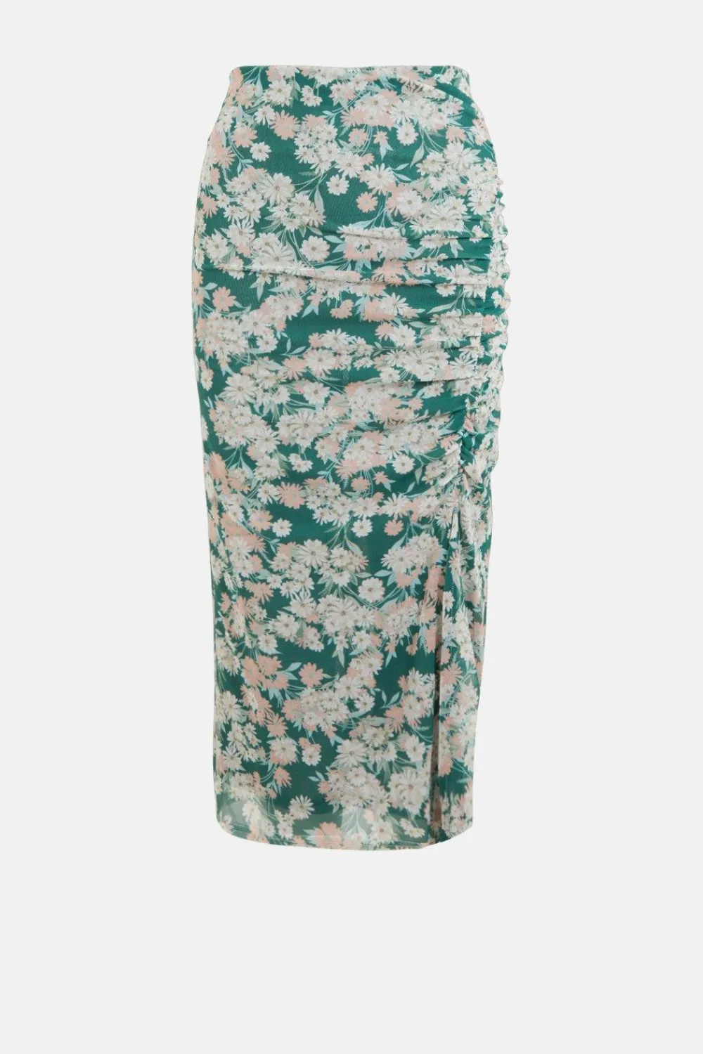 Online Oasis Floral Print Mesh Ruched Side Midi Skirt Green