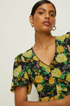 Online Oasis Floral Print Mesh V Neck Trim Detail Midi Dress Black