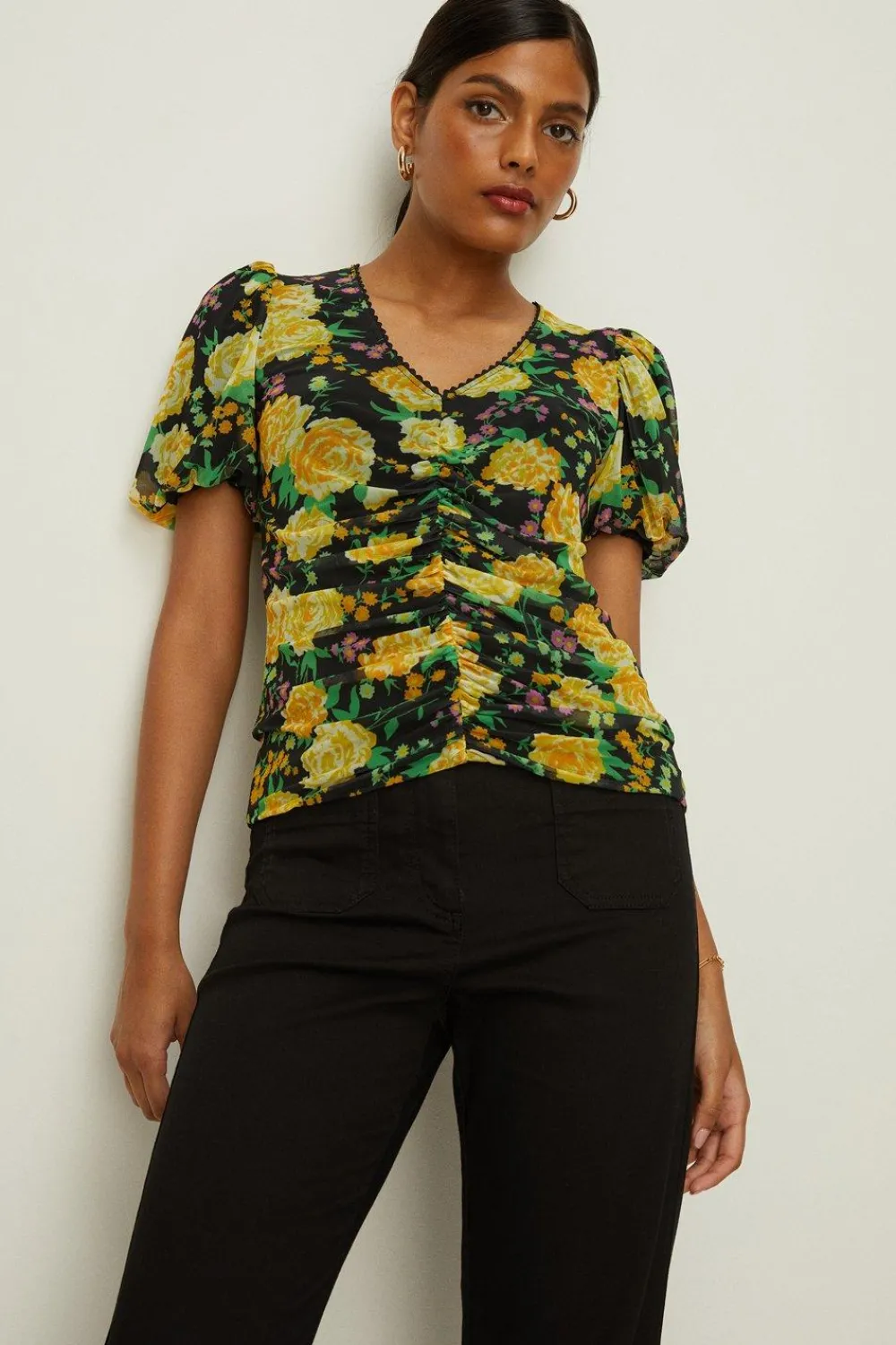 Discount Oasis Floral Print Mesh V Neck Trim Detail Top Pink