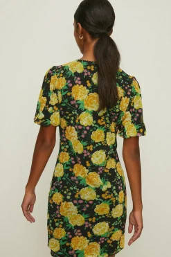 Online Oasis Floral Print Mesh V Neck Trim Detail Mini Dress Black