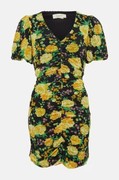 Online Oasis Floral Print Mesh V Neck Trim Detail Mini Dress Black