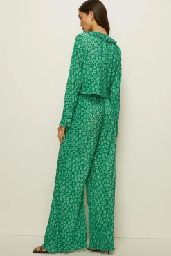 Best Oasis Floral Print Plisse Flare Trouser Green