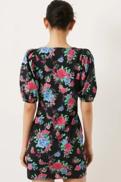 Discount Oasis Floral Print Puff Sleeve Mini Dress Black