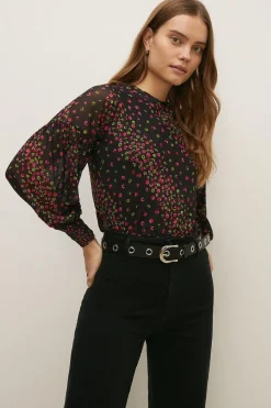 Online Oasis Floral Print Shirred Cuff Mesh Top Multi