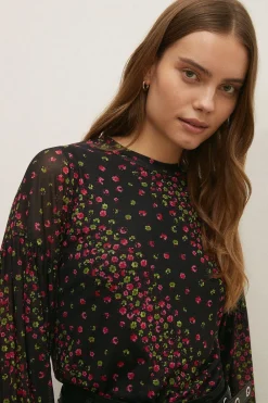 Online Oasis Floral Print Shirred Cuff Mesh Top Multi