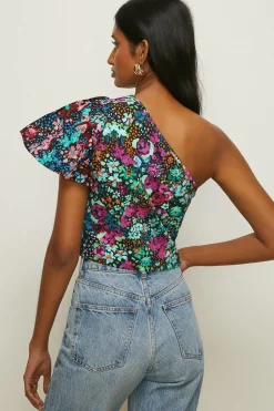 New Oasis Floral Print Woven Mix One Shoulder Top Black