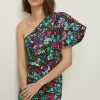 New Oasis Floral Print Woven One Shoulder Mini Dress Black
