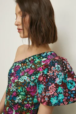 New Oasis Floral Print Woven One Shoulder Mini Dress Black