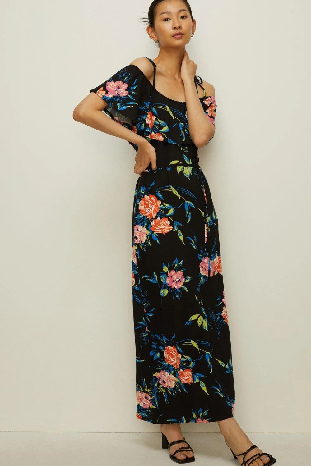 New Oasis Floral Printed Bardot Maxi Dress Black