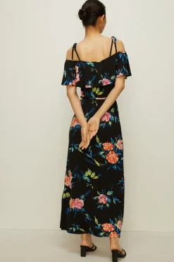 New Oasis Floral Printed Bardot Maxi Dress Black