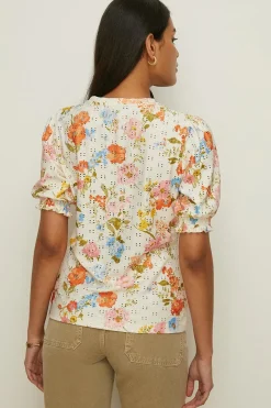 Outlet Oasis Floral Printed Broderie Shirred Cuff Top Multi