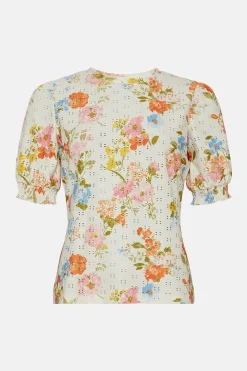 Outlet Oasis Floral Printed Broderie Shirred Cuff Top Multi
