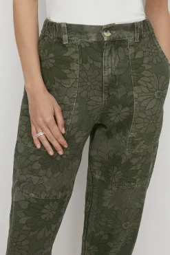 Hot Oasis Floral Printed Canvas Utility Trouser Khaki