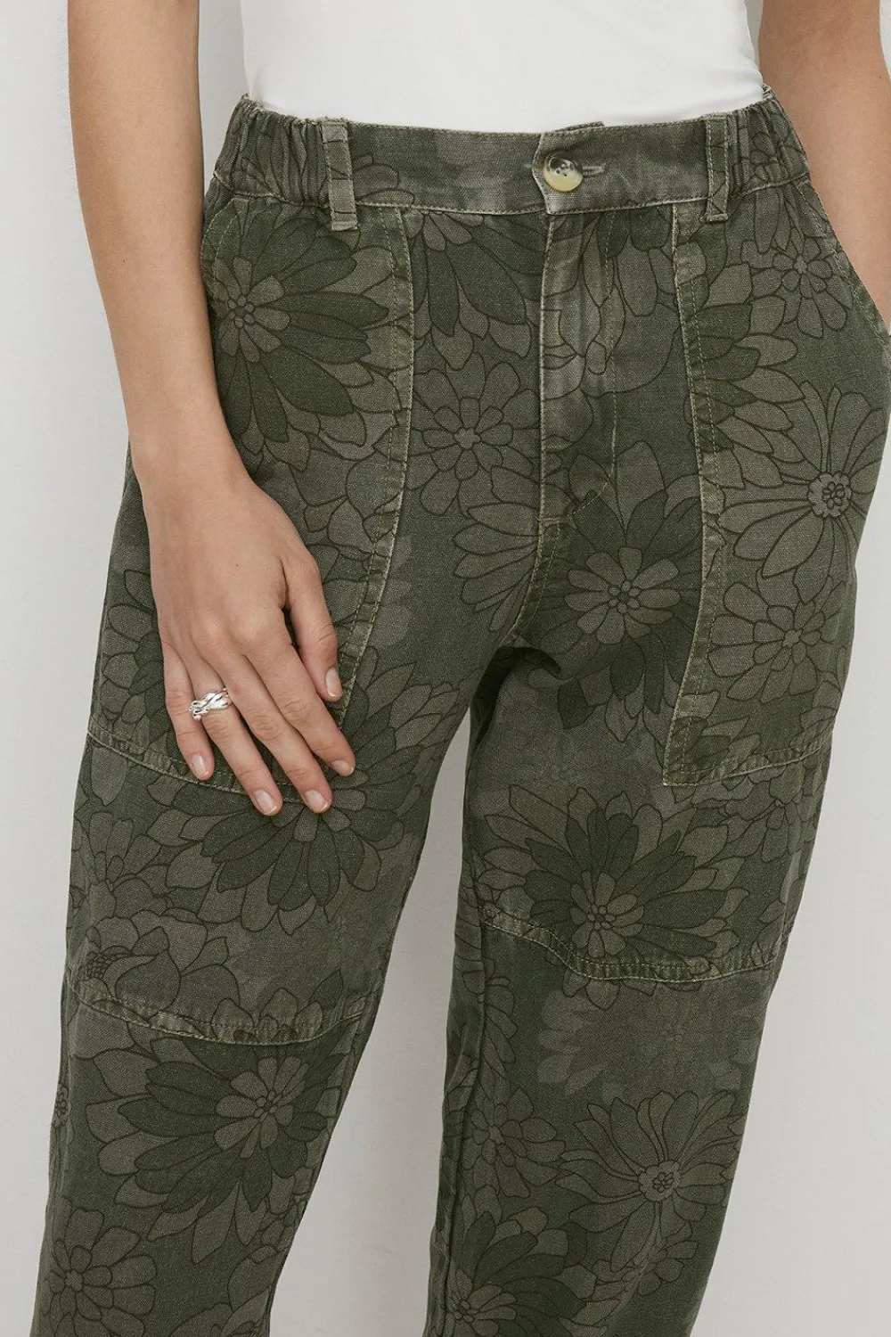 Hot Oasis Floral Printed Canvas Utility Trouser Khaki