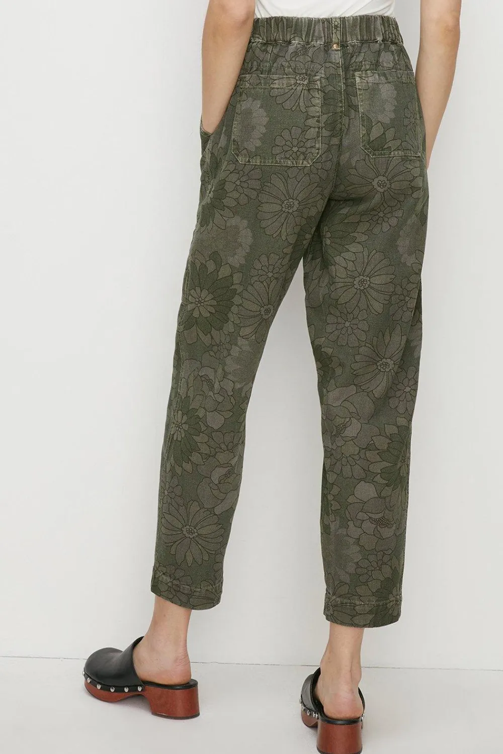 Hot Oasis Floral Printed Canvas Utility Trouser Khaki