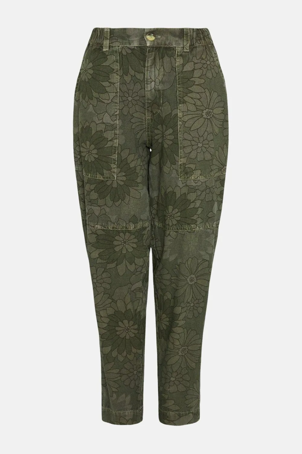 Hot Oasis Floral Printed Canvas Utility Trouser Khaki
