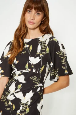 Best Oasis Floral Printed Crepe Flare Sleeve Tailored Dress Black